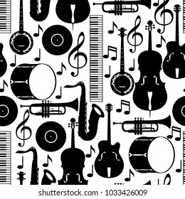 Jazz Music Seamless Pattern With Musical Instruments.