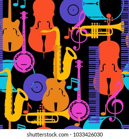 Jazz music seamless pattern with musical instruments.