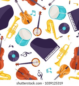 Jazz music seamless pattern with musical instruments.