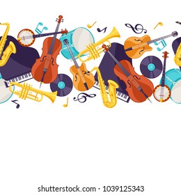 Jazz music seamless pattern with musical instruments.