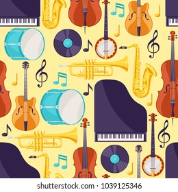 Jazz music seamless pattern with musical instruments.