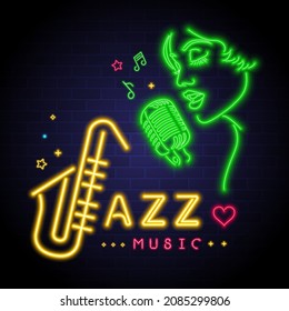 Jazz music and singer woman with neon light elements