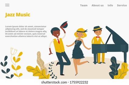 Jazz music studio landing web page, concept banner website template cartoon vector illustration. Company website page, female male character dance and play piano, person cheerful spend time.