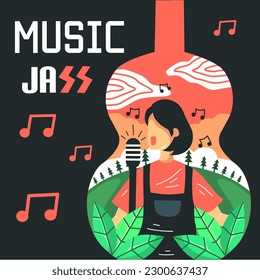 jazz music template illustration,retro style singing woman