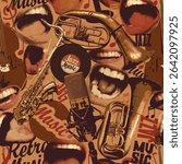 Jazz music theme seamless pattern with singing mouths, vinyl records and musical instruments. Vector background, wallpaper, wrapping paper, fabric, poster, flyer, cover, t-shirt design. No ai used