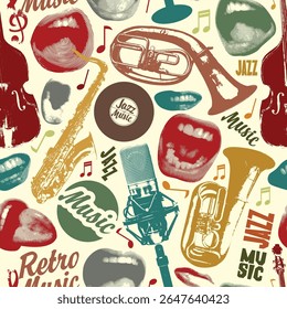 Jazz música tema padrão sem emenda com bocas de canto, discos de vinil e instrumentos musicais. Vetor fundo, papel de parede, papel de embrulho, tecido, cartaz, folheto, capa, design de t-shirt. Sem ai usado