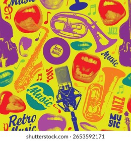 Jazz music theme seamless pattern with singing mouths, vinyl records and musical instruments. Vector background, wallpaper, wrapping paper, fabric, poster, flyer, cover, t-shirt design. No ai used