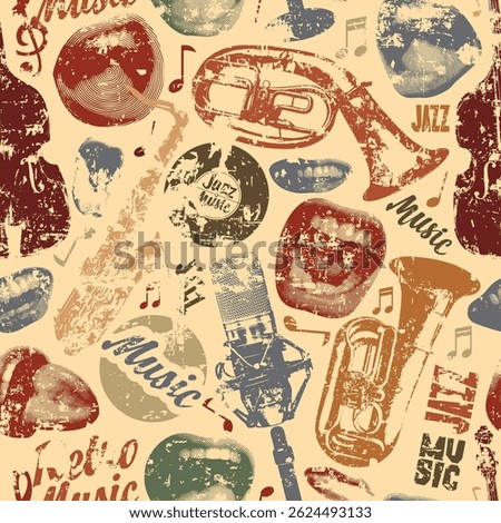 Jazz music theme seamless pattern with singing mouths, vinyl records and musical instruments. Vector background, wallpaper, wrapping paper, fabric, poster, flyer, cover, t-shirt design. No ai used