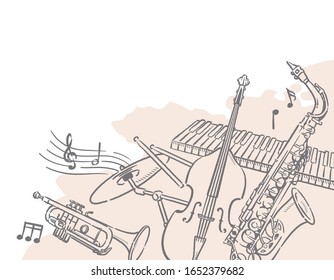 Jazz music themed background with instruments. Vector illustration.