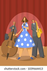 Jazz music trio. Contrabassist, saxophonist and singer on stage. Abstract Vector illustration.