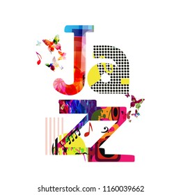 Jazz music typographic colorful background vector illustration. Artistic music festival poster, live concert, creative banner design. Word jazz