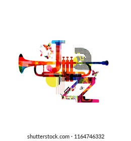 Jazz music typographic colorful background with trumpet vector illustration. Artistic music festival poster, live concert, creative banner design. Word jazz