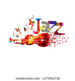 Jazz music typographic colorful background with trumpet and violoncello vector illustration. Artistic music festival poster, live concert, creative banner design. Word jazz