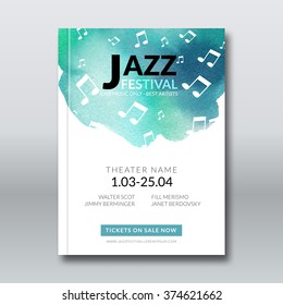 Jazz music vector poster design. Watercolor stain background. Abstract background for card, brochure, banner, web design, music billboard template. 