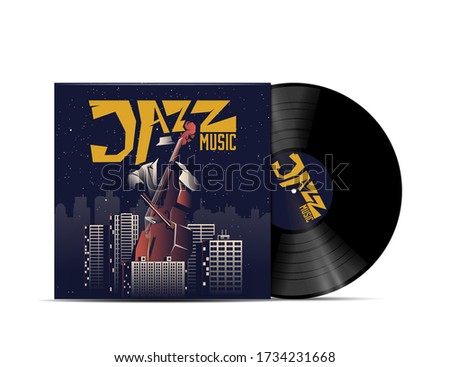 Jazz Music Vinyl Disc Cover Mockup. Cover for your music playlist. Isolated on white background. Realistic vector illustration.