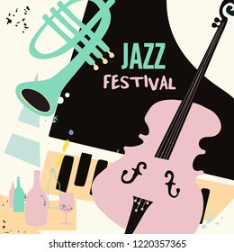 Jazz music and wine colorful background flat vector illustration. Party flyer, jazz music club, wine tasting event, wine festival, celebrations poster for brochure, invitation card, promotion banner