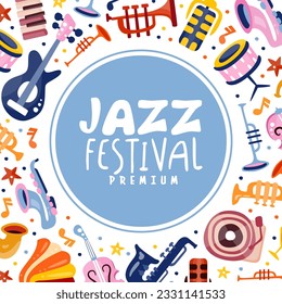 Jazz Musical Festival and Concert Card with Instrument Vector Template