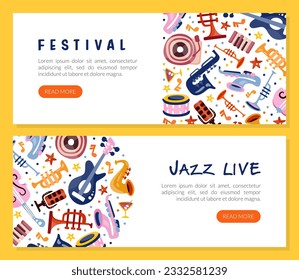 Jazz Musical Festival and Concert Landing Page with Instrument Vector Template