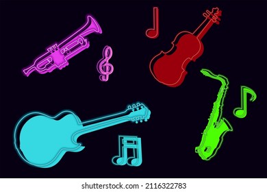 Jazz musical instrument set. guitar, violin, saxophone, trumpet with neon effect on a dark background. For the design of advertising banners, posters