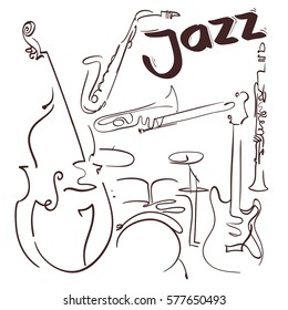 jazz musical instruments hand drawn lines composition. vector illustration