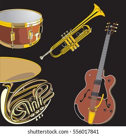Jazz musical instruments on black background: drum, trumpet, guitar and French horn