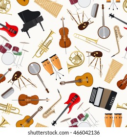 Jazz musical instruments on white background vector seamless pattern