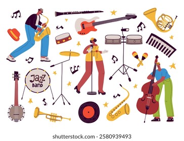 Jazz musical instruments and playing people. Cartoon musicians characters, professional vocalist, bass player and saxophonist, vector set