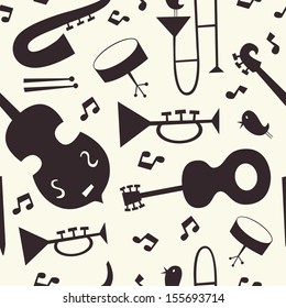 Jazz musical instruments seamless pattern. Black and white.