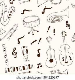 Jazz musical instruments seamless pattern isolated vector illustration