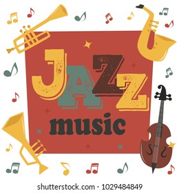 Jazz musical instruments tools background jazzband piano saxophone music sound vector illustration rock concert note.
