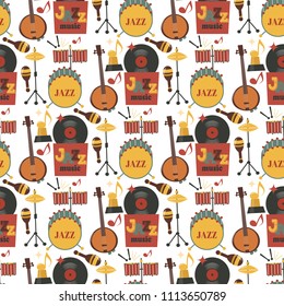 Jazz musical instruments tools background jazzband piano saxophone music seamless pattern sound vector illustration rock concert note.