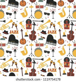 Jazz musical instruments tools background jazzband piano saxophone music seamless pattern sound vector illustration rock concert note.