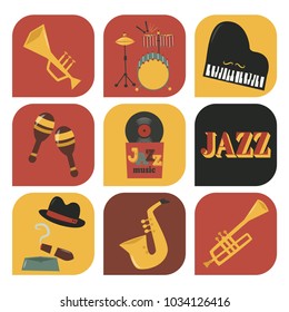Jazz musical instruments tools icons jazzband piano saxophone music sound vector illustration rock concert note.