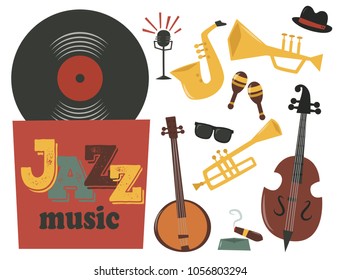 Jazz musical instruments tools icons jazzband piano saxophone music sound vector illustration rock concert note.