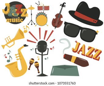 Jazz musical instruments tools icons jazzband piano saxophone music sound vector illustration rock concert note.