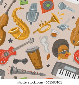 Jazz musical instruments tools jazzband music seamless pattern background vector illustration