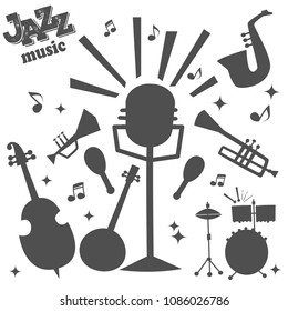 Jazz musical instruments tools silhouette icons jazzband piano saxophone music sound vector illustration rock concert note.