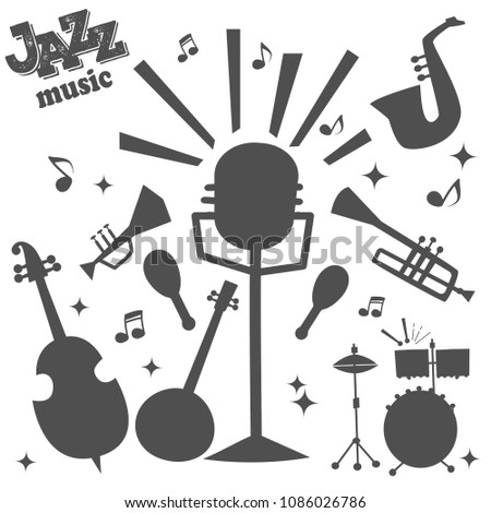 Jazz musical instruments tools silhouette icons jazzband piano saxophone music sound vector illustration rock concert note.