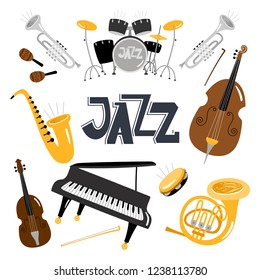 Jazz musical instruments. Vector music instrument objects collection isolated on white, drums and tuba, vintage brass, acoustic violin orchestra