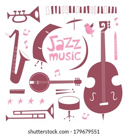 Jazz musical instruments vector set. Vintage style cartoon illustration