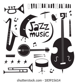 Conjunto vectorial de instrumentos musicales de jazz. Dibujos animados de estilo vintage en blanco y negro