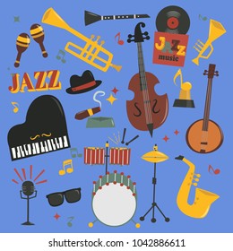 Jazz musical vector instruments tools piano and saxophone music sound illustration of jazzband rock concert note jazz singer entertainment festival music style