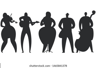 Jazz musicans, singer, guitarist, saxophonist, double bass player and violinist black silhouette vector set isolated on a white background.