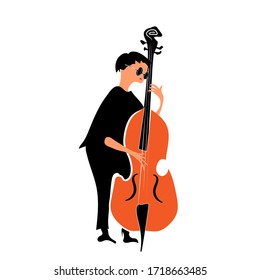 Jazz musician in black clothes playing the double bass. A character in black clothes and glasses plays the double bass. Illustration isolated on white background.