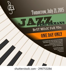 Jazz musician concert show poster with piano keys vector illustration