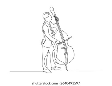 Jazz musician playing the double bass, cello in continuous line drawing style. Minimalist double bass, cello players in black linear sketch isolated on white background. Vector illustration