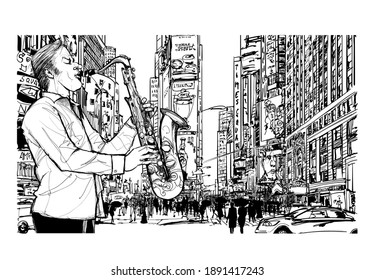 Jazz musician playing the saxophone in New York - vector illustration