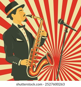 Músico de jazz tocando saxofone em cartaz retrô. Ilustração vetorial