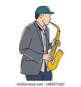 Jazz musician playing saxophone, vector illustration. Hand drawn design, white isolated background
