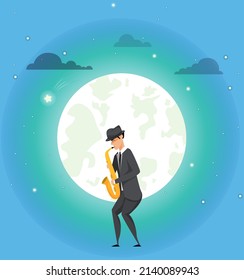 Jazz musician saxophone player with sax stands on white background. Vector man in suit playing musical instrument. Saxophonist playing on blowing musical instrument jazzman, brass orchestra concert